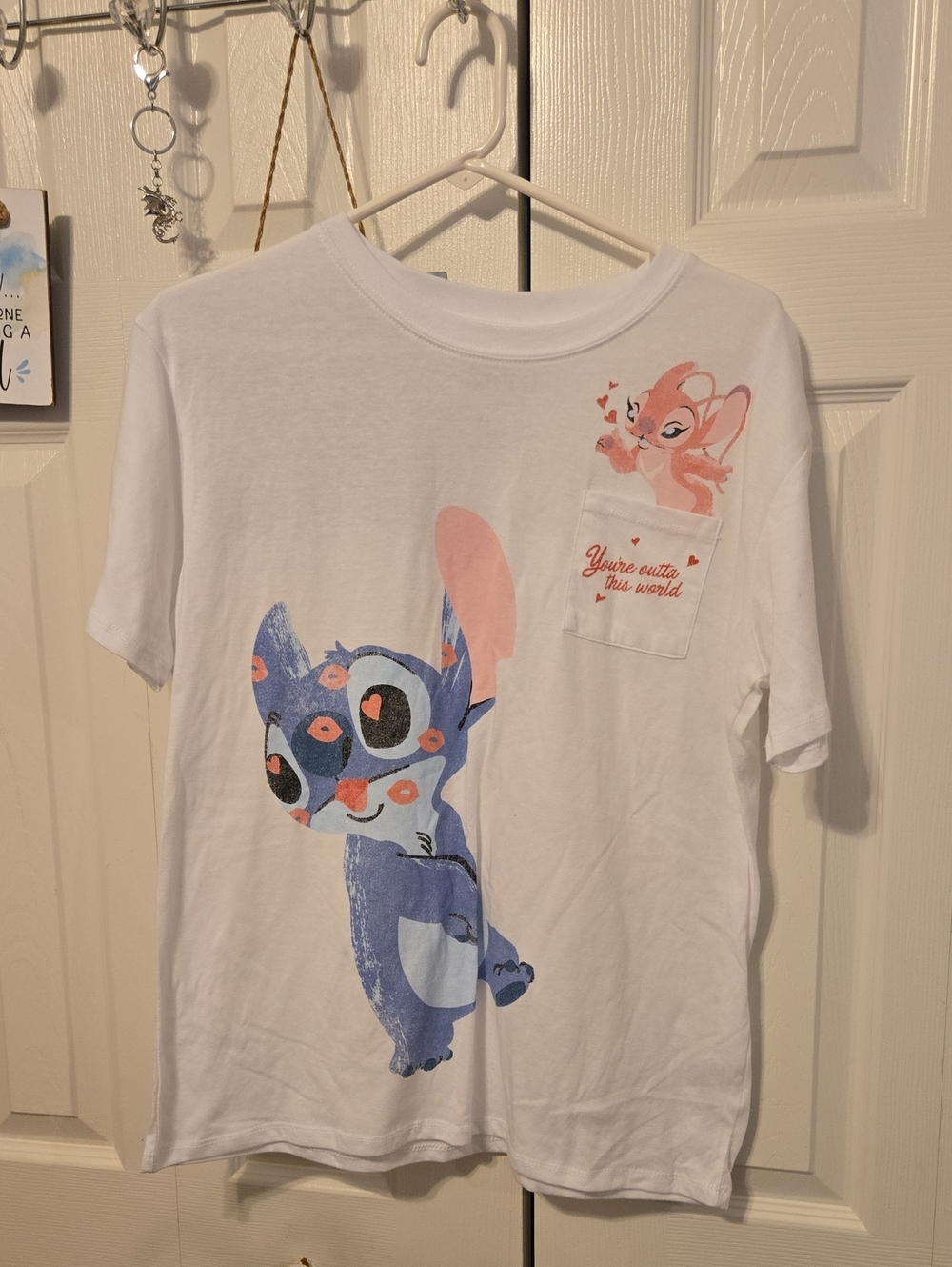 Disney White Tee with Blue & Pink Stitch Art